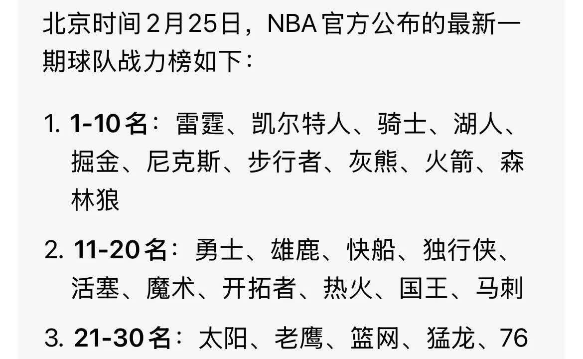 ESPN最新实力榜：雷霆火箭掘金前三，快船7、勇士9、湖人10